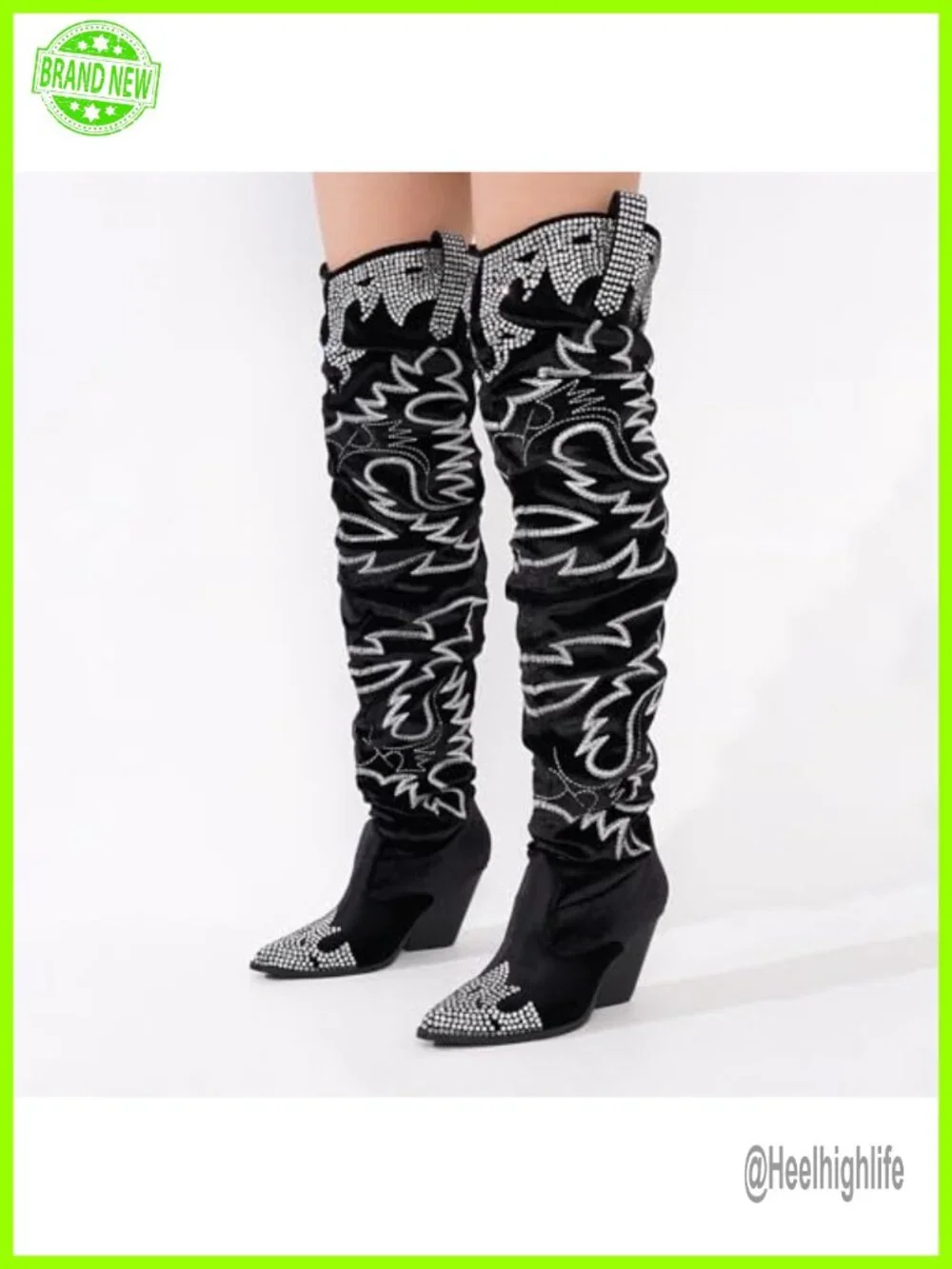Rhinestone Embroidered Cowboy Boots Thigh High Slouchy Wide Calf Over the Knee